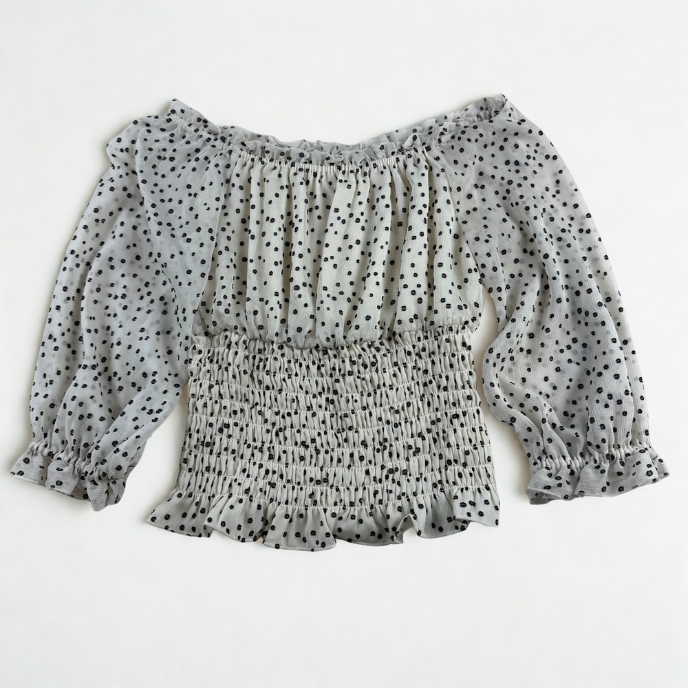 Anthropologie Lucia Off The Shoulder Blouse Womens XS‎ White Polka Dot Smocked